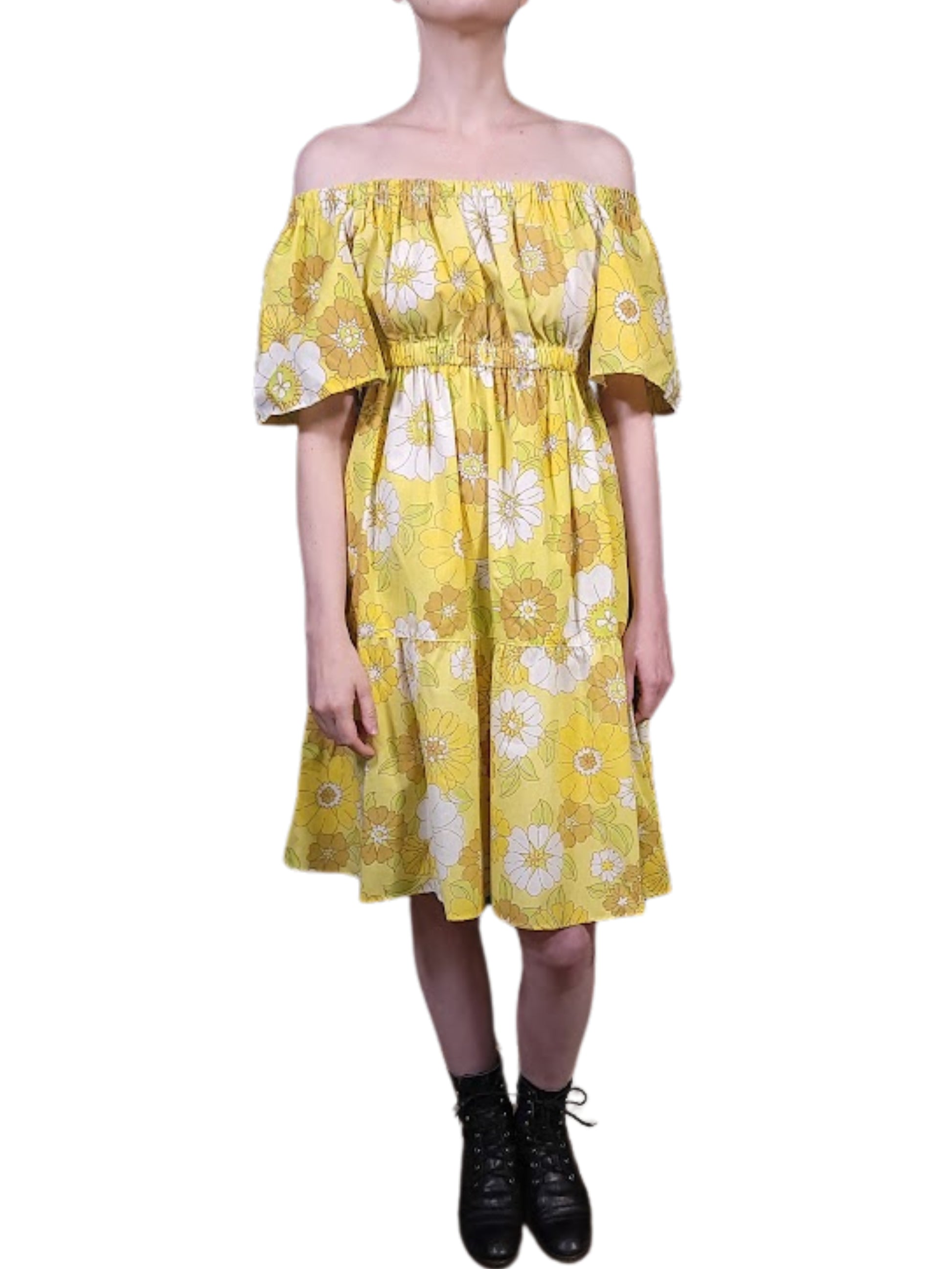 The Louise Yellow Dress Knee-Length - Convertable Shoulder, Cotton Percale