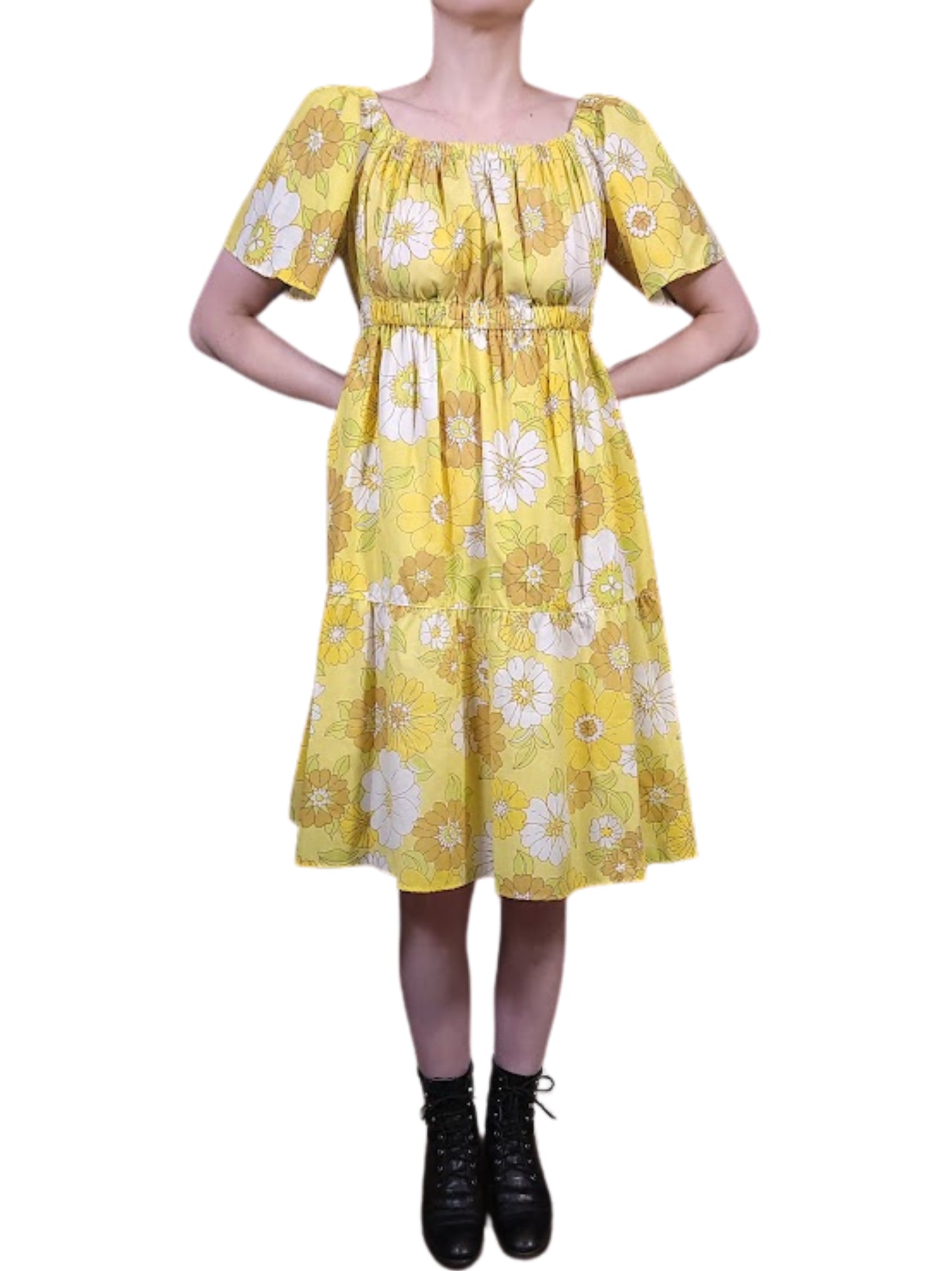 The Louise Yellow Dress Knee-Length - Convertable Shoulder, Cotton Percale