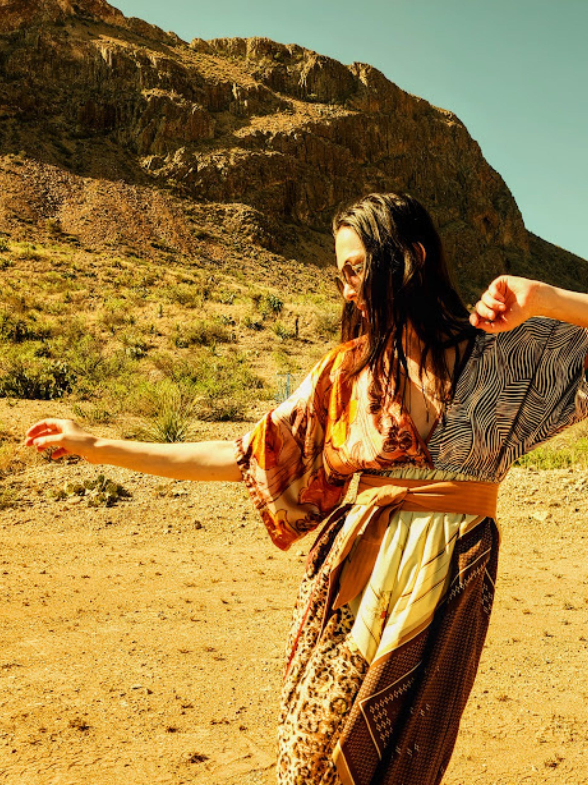 Vintage Scarf Midi Dress featuring a deep V-neck and kimono-inspired sleeves. Hidden adjustable empire waist. Desert Colors