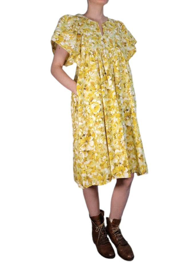 The Ren Dress Knee-Length - Yellow Floral, Cotton Percale