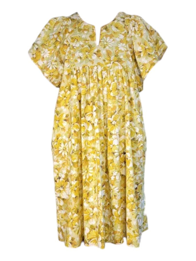 The Ren Dress Knee-Length - Yellow Floral, Cotton Percale