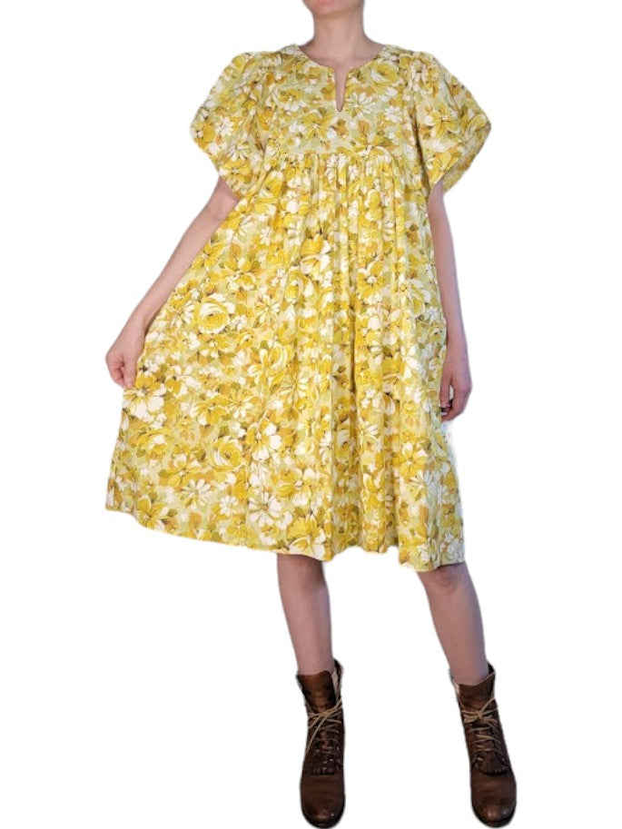 The Ren Dress Knee-Length - Yellow Floral, Cotton Percale