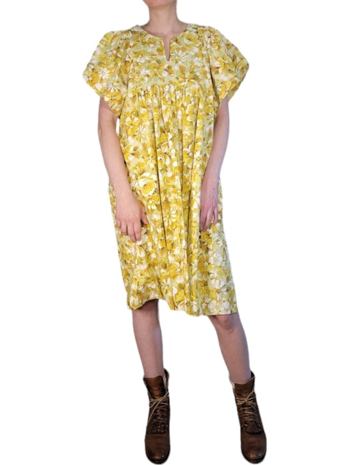 The Ren Dress Knee-Length - Yellow Floral, Cotton Percale