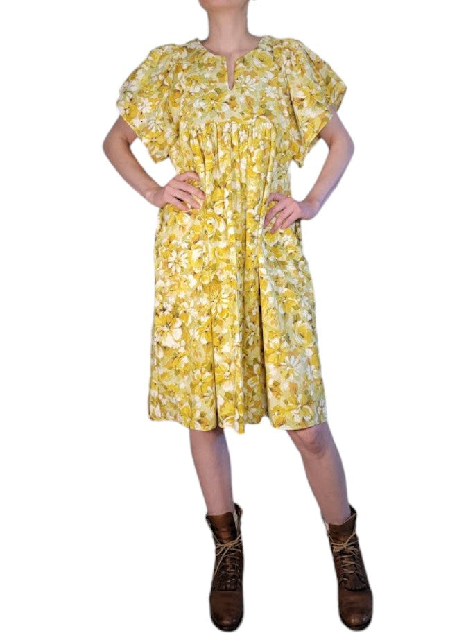 The Ren Dress Knee-Length - Yellow Floral, Cotton Percale