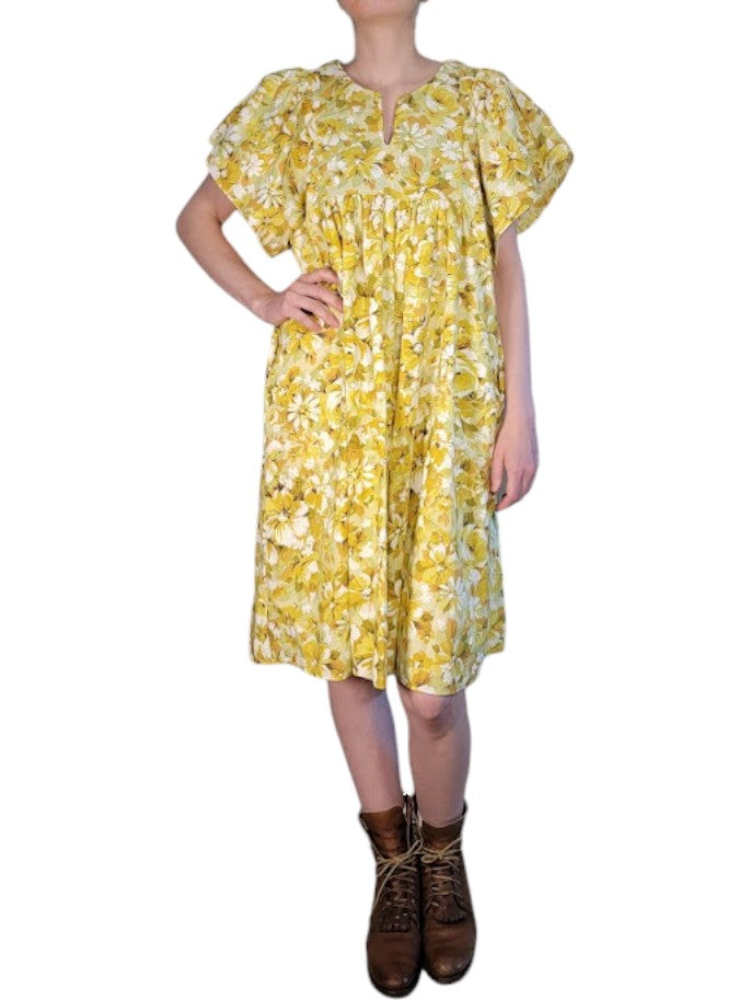 The Ren Dress Knee-Length - Yellow Floral, Cotton Percale