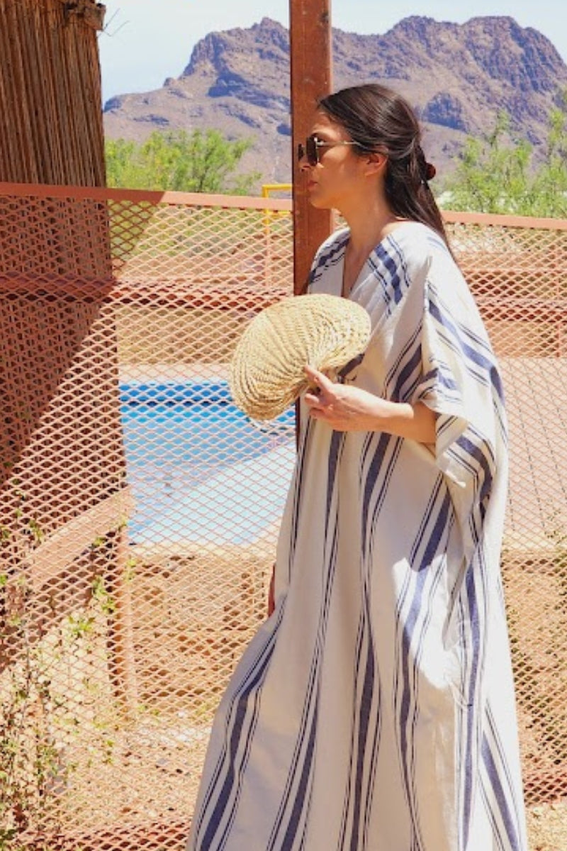 The Tuleta Kaftan Maxi - Blue Stripe, Linen