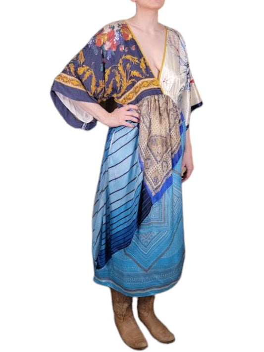 The Sarita Dress Above-The-Ankle - Blue/Multi, Vintage Silk Blend Scarves