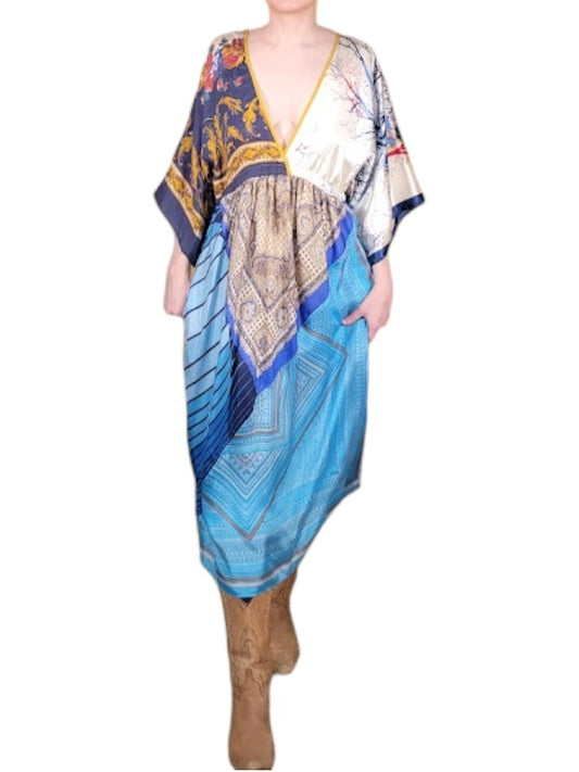 The Sarita Dress Above-The-Ankle - Blue/Multi, Vintage Silk Blend Scarves