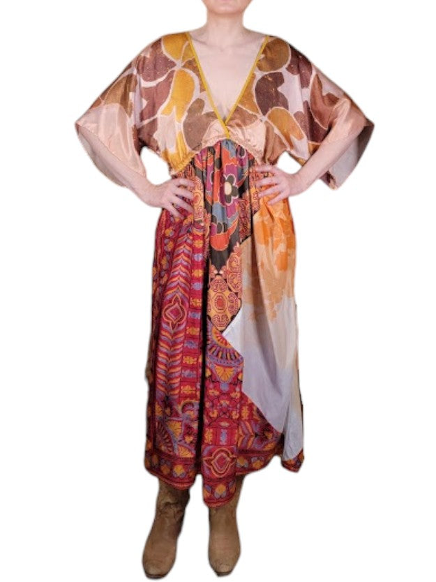 The Sarita Dress Above-The-Ankle - Copper/Rust, Vintage Silk Blend Scarves