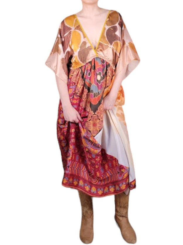 The Sarita Dress Above-The-Ankle - Copper/Rust, Vintage Silk Blend Scarves