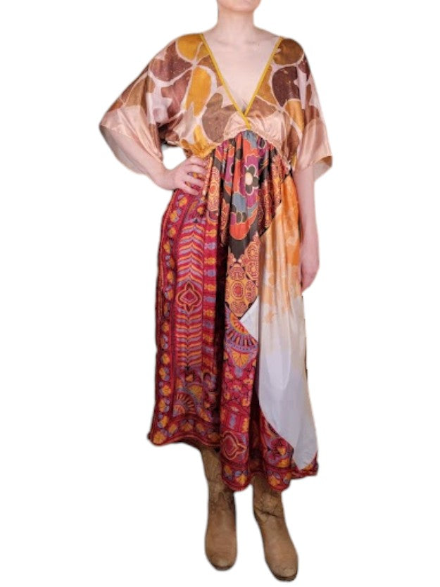 The Sarita Dress Above-The-Ankle - Copper/Rust, Vintage Silk Blend Scarves
