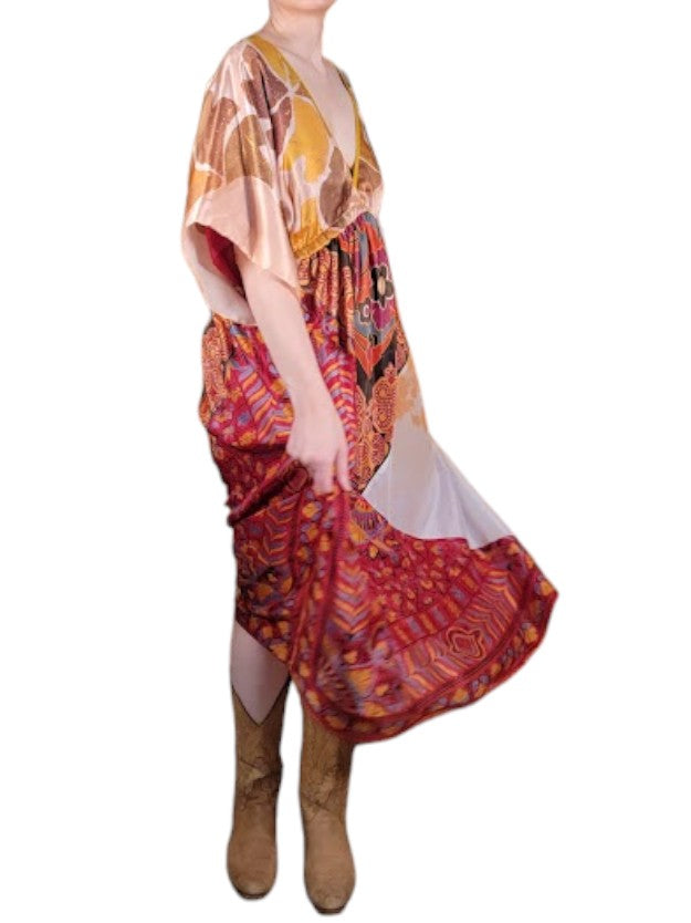 The Sarita Dress Above-The-Ankle - Copper/Rust, Vintage Silk Blend Scarves
