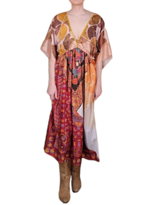The Sarita Dress Above-The-Ankle - Copper/Rust, Vintage Silk Blend Scarves