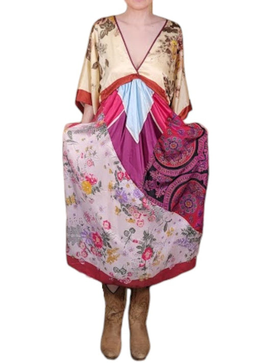 The Sarita Dress Above-The-Ankle - Maroon/Multi, Vintage Silk Blend Scarves