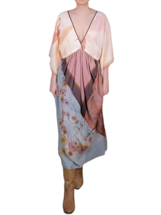 The Sarita Dress Above-The-Ankle - Rose/Multi, Vintage Silk Blend Scarves