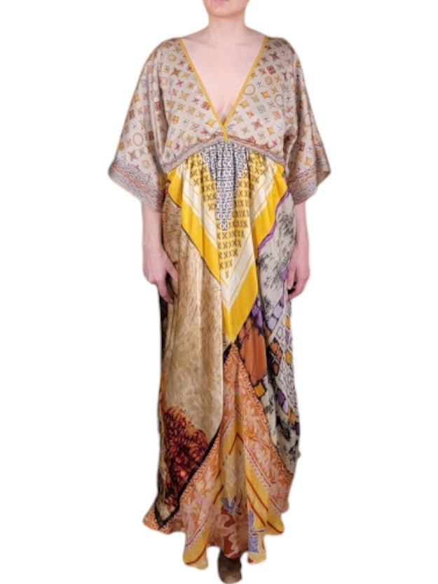 The Sarita Dress Maxi - Gold/Bronze, Vintage Silk Blend Scarves