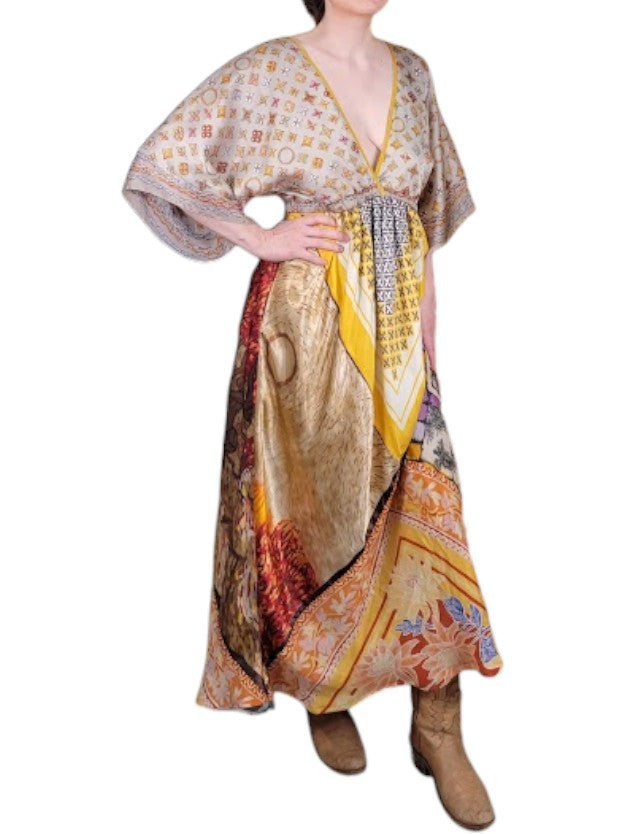 The Sarita Dress Maxi - Gold/Bronze, Vintage Silk Blend Scarves