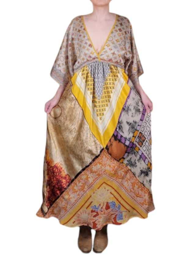 The Sarita Dress Maxi - Gold/Bronze, Vintage Silk Blend Scarves