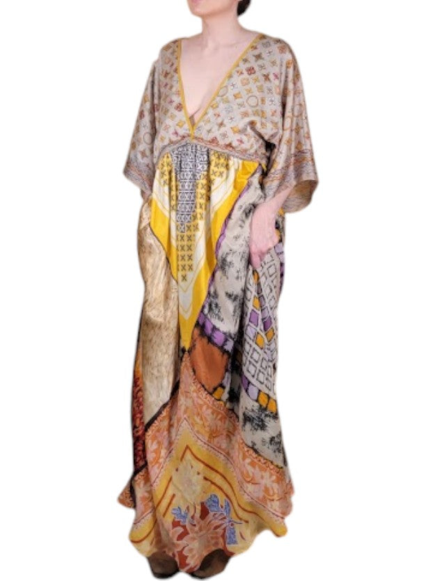 The Sarita Dress Maxi - Gold/Bronze, Vintage Silk Blend Scarves