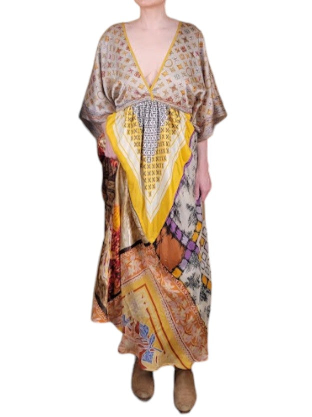 The Sarita Dress Maxi - Gold/Bronze, Vintage Silk Blend Scarves