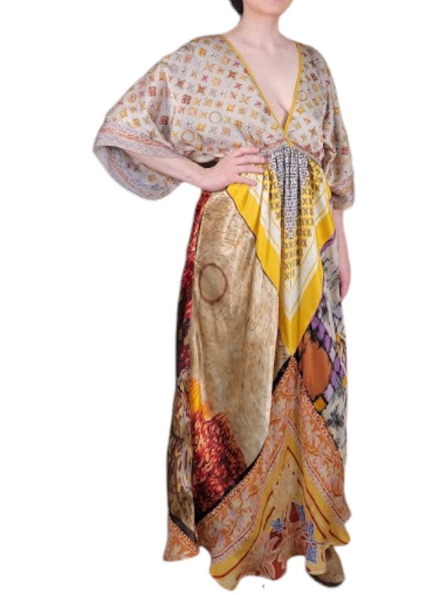The Sarita Dress Maxi - Gold/Bronze, Vintage Silk Blend Scarves