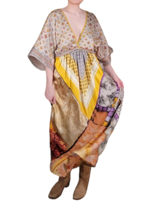 The Sarita Dress Maxi - Gold/Bronze, Vintage Silk Blend Scarves