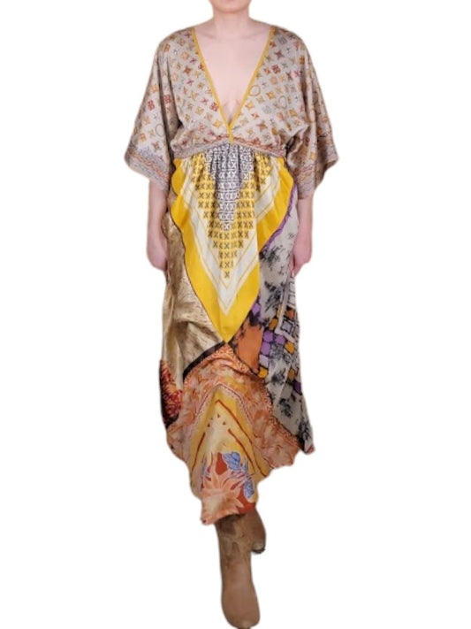 The Sarita Dress Maxi - Gold/Bronze, Vintage Silk Blend Scarves