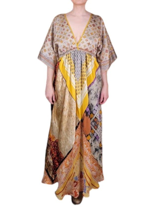 The Sarita Dress Maxi - Gold/Bronze, Vintage Silk Blend Scarves
