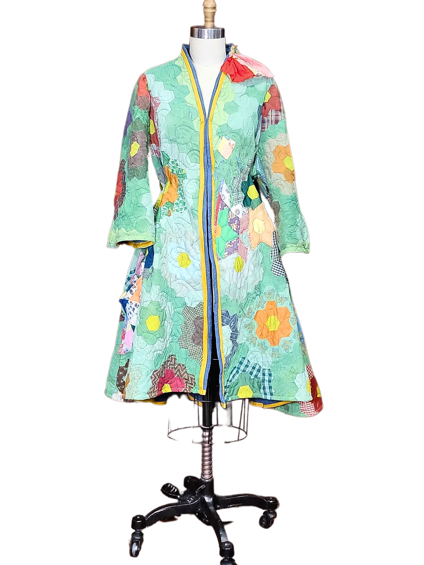 Vintage Quilt Jacket - All Season Split Back with Hi-Low Hemline - Hex Granny Floral Garden - Hand Dyed Green with Over-Patching and Stitchwork