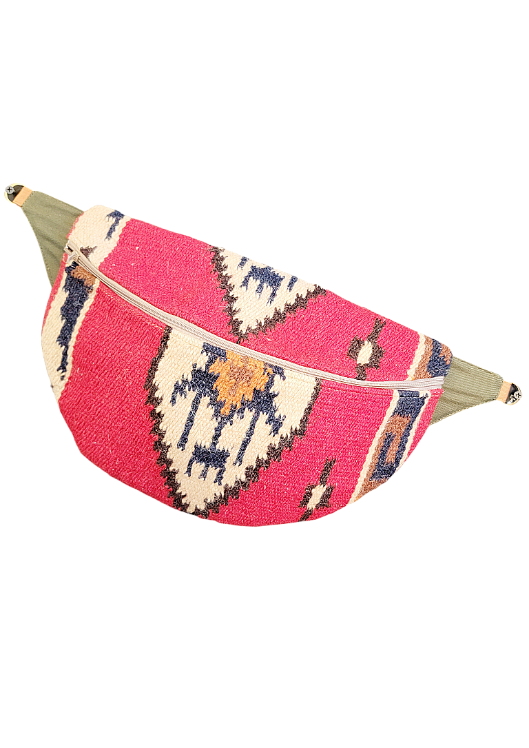 Designer Quilt Fanny Pack - Sling Crossbody Bag - Red, Blue, & Orange, Southwestern Woven Blanket 019