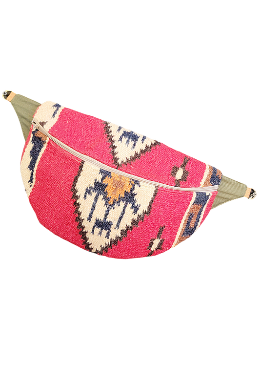 Designer Quilt Fanny Pack - Sling Crossbody Bag - Red, Blue, & Orange, Southwestern Woven Blanket 019