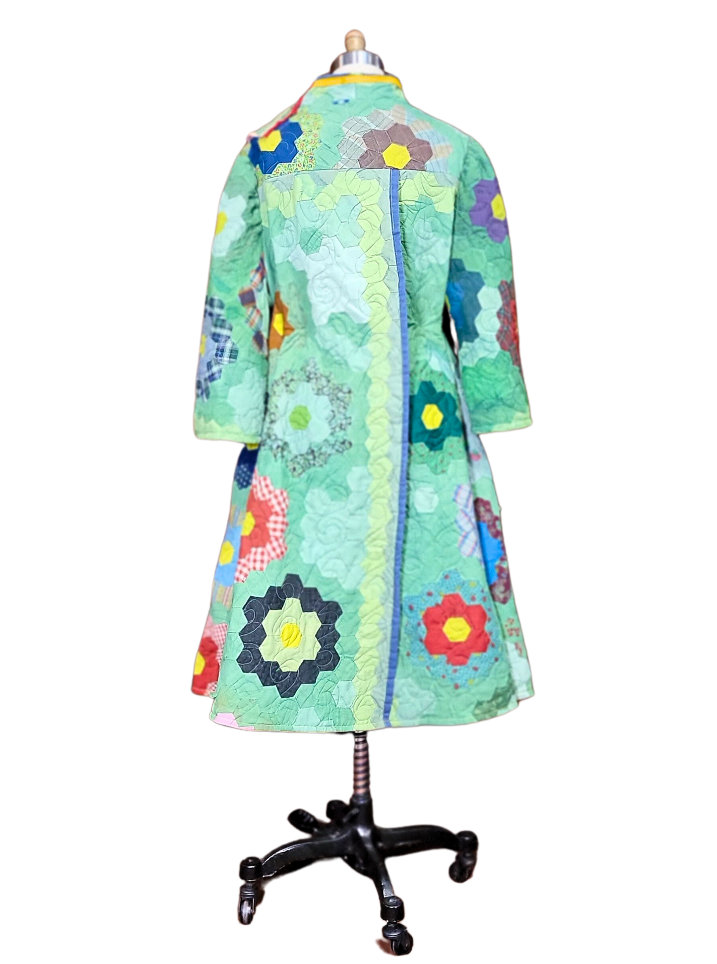 Vintage Quilt Jacket - All Season Split Back with Hi-Low Hemline - Hex Granny Floral Garden - Hand Dyed Green with Over-Patching and Stitchwork