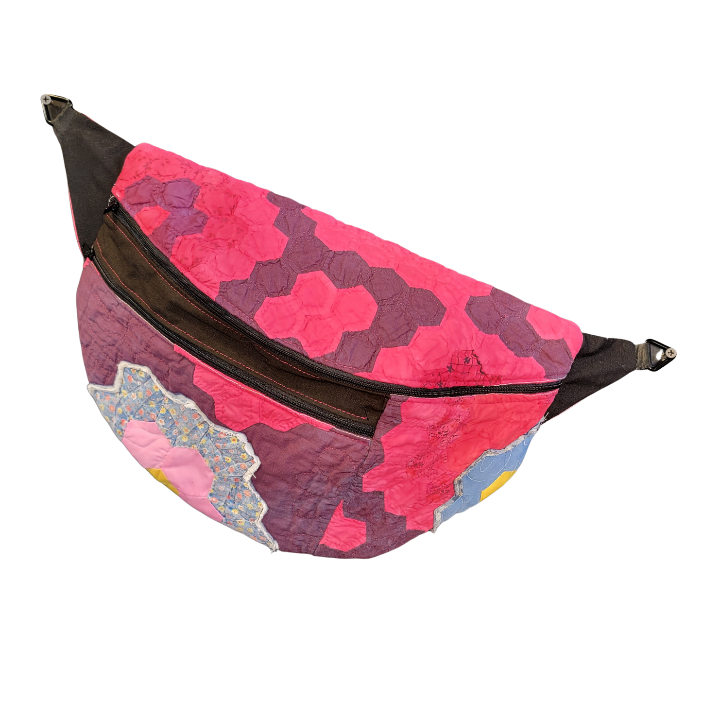 Vintage Quilt Fanny Pack - Sling Crossbody Bag - Hex Granny Floral in Hand-Dyed Pink with Over-Patching 004