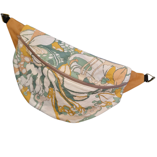 Designer Quilt Fanny Pack - Sling Crossbody Bag - Camellia Floral Luxury Fabric 039