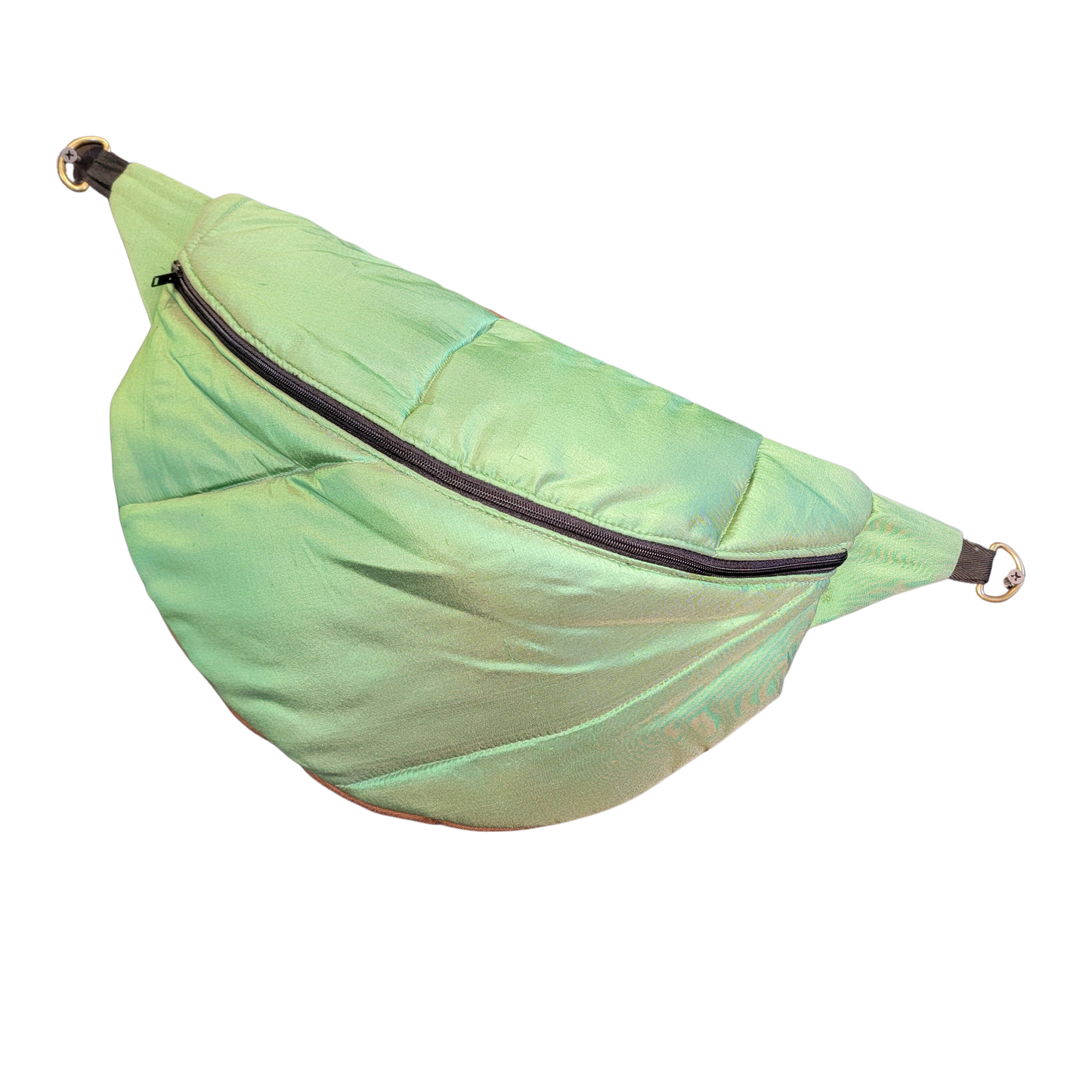 Designer Quilt Fanny Pack - Sling Crossbody Bag - Iridescent Green Silk 008