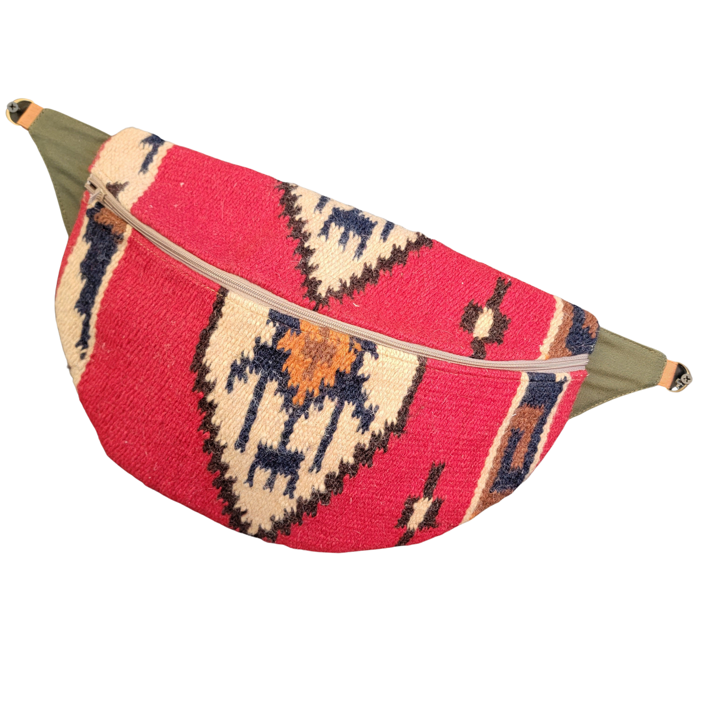 Designer Quilt Fanny Pack - Sling Crossbody Bag - Red, Blue, & Orange, Southwestern Woven Blanket 019