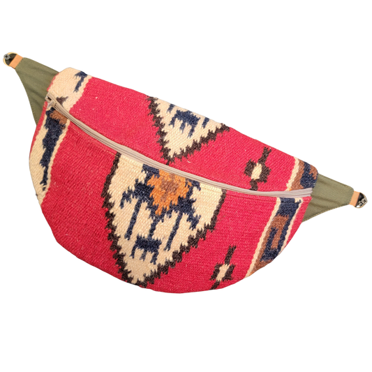 Designer Quilt Fanny Pack - Sling Crossbody Bag - Red, Blue, & Orange, Southwestern Woven Blanket 019