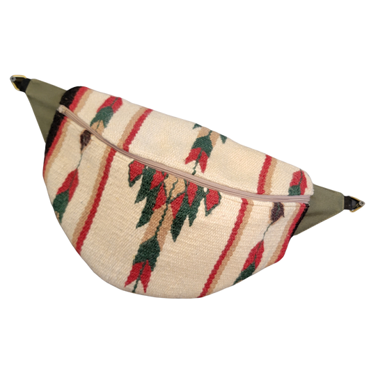 Designer Quilt Fanny Pack - Sling Crossbody Bag - Green, Red, & Tan, Southwestern Woven Blanket 018