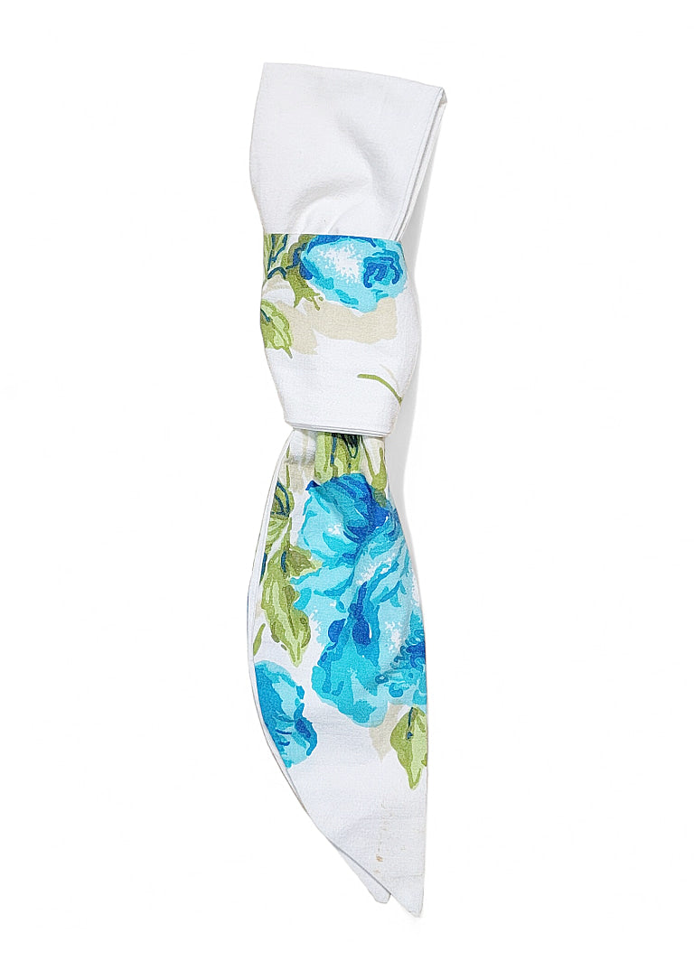 Skinny Bandana Necktie Scarf - Blue/Green Floral, Cotton