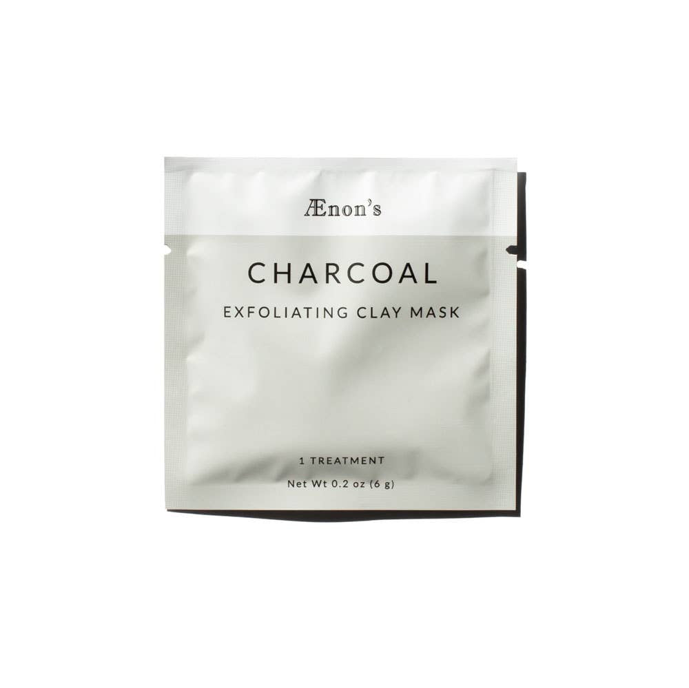 Light grey and white square product package for AEnon's Charcoal Exfoliating Clay Mask.
