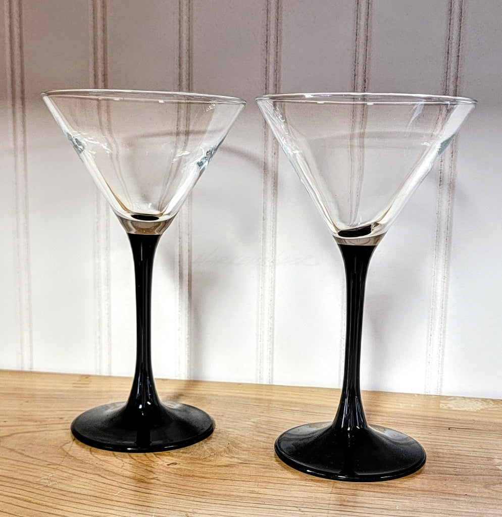 2 Pc - Luminarc Black Stemmed Martini Glasses Vintage Glassware