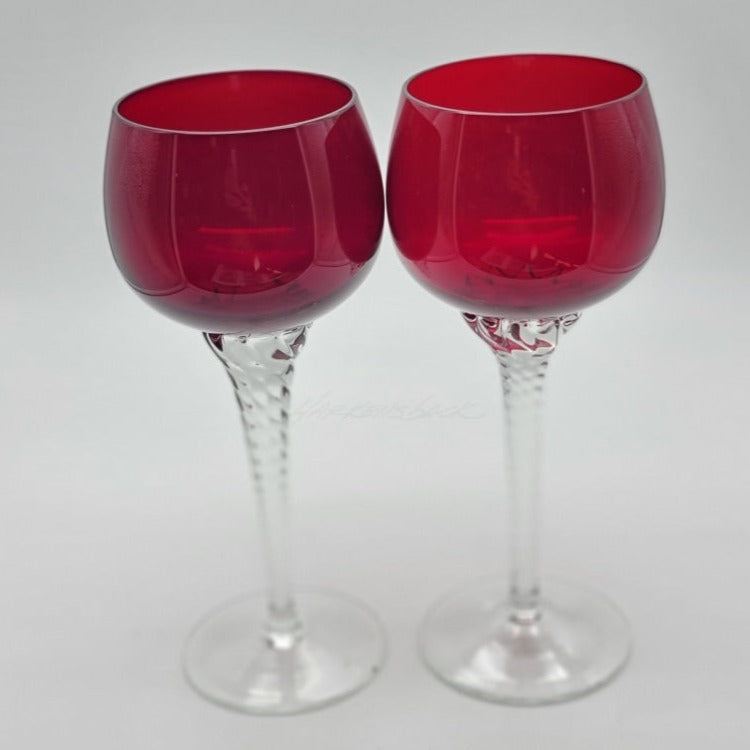 2 Pc - Red Ruby Sasaki Crystal Wine Glasses Hand Blow Twisted Clear Stem Vintage Glassware