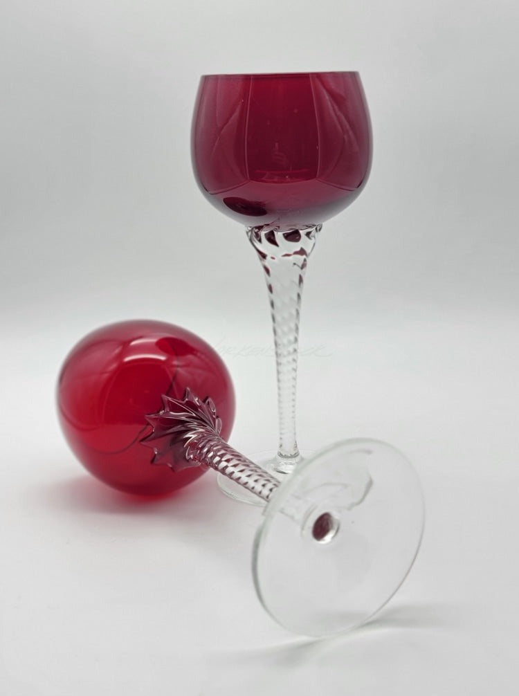 2 Pc - Red Ruby Sasaki Crystal Wine Glasses Hand Blow Twisted Clear Stem Vintage Glassware