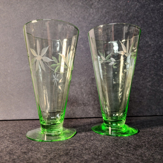 2 Pc Light Green Drinking And Dessert Glasses Vintage Glassware