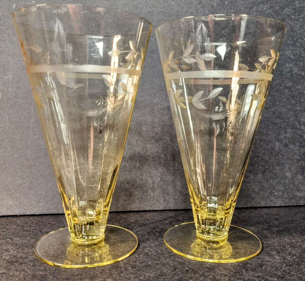 2 Pc Vintage Light Yellow Cone And Mate Floral Carving. Glassware