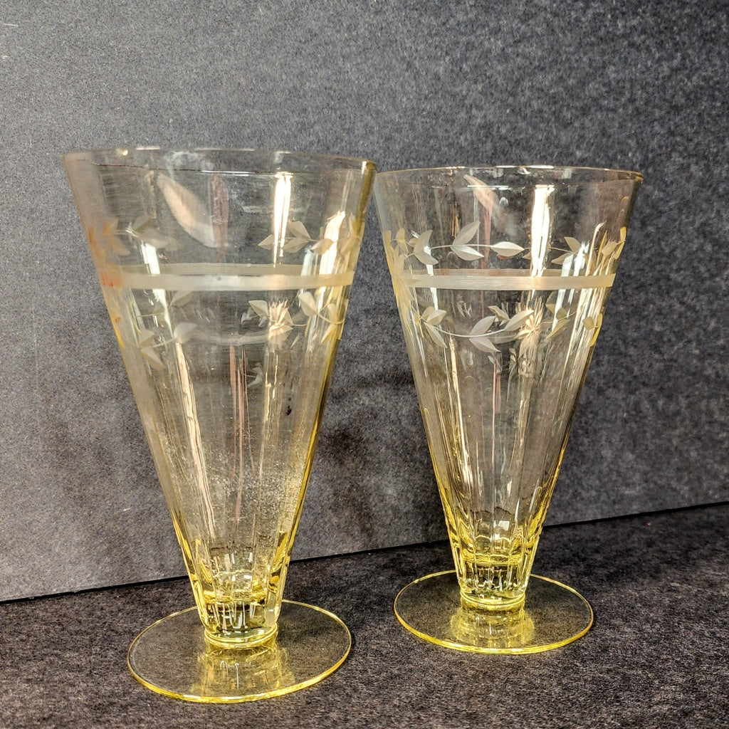 2 Pc Vintage Light Yellow Cone And Mate Floral Carving. Glassware