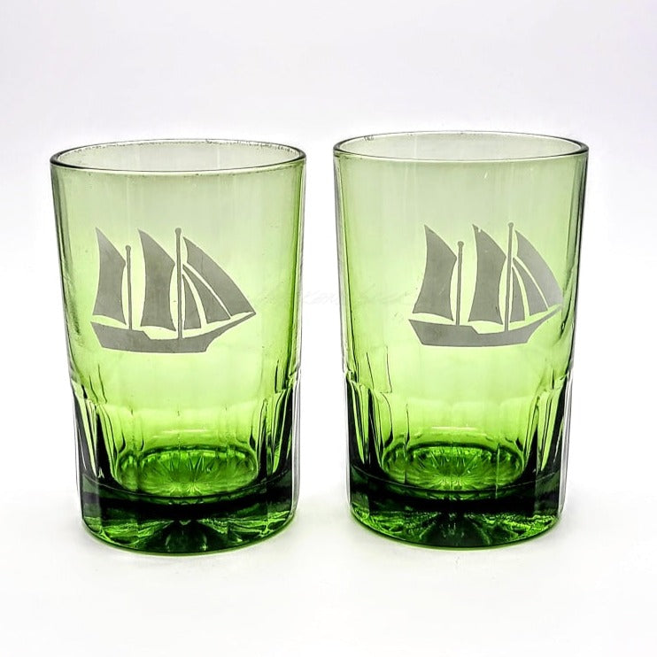 2 Pc - Vintage Green Sailboat Tumblers Glassware