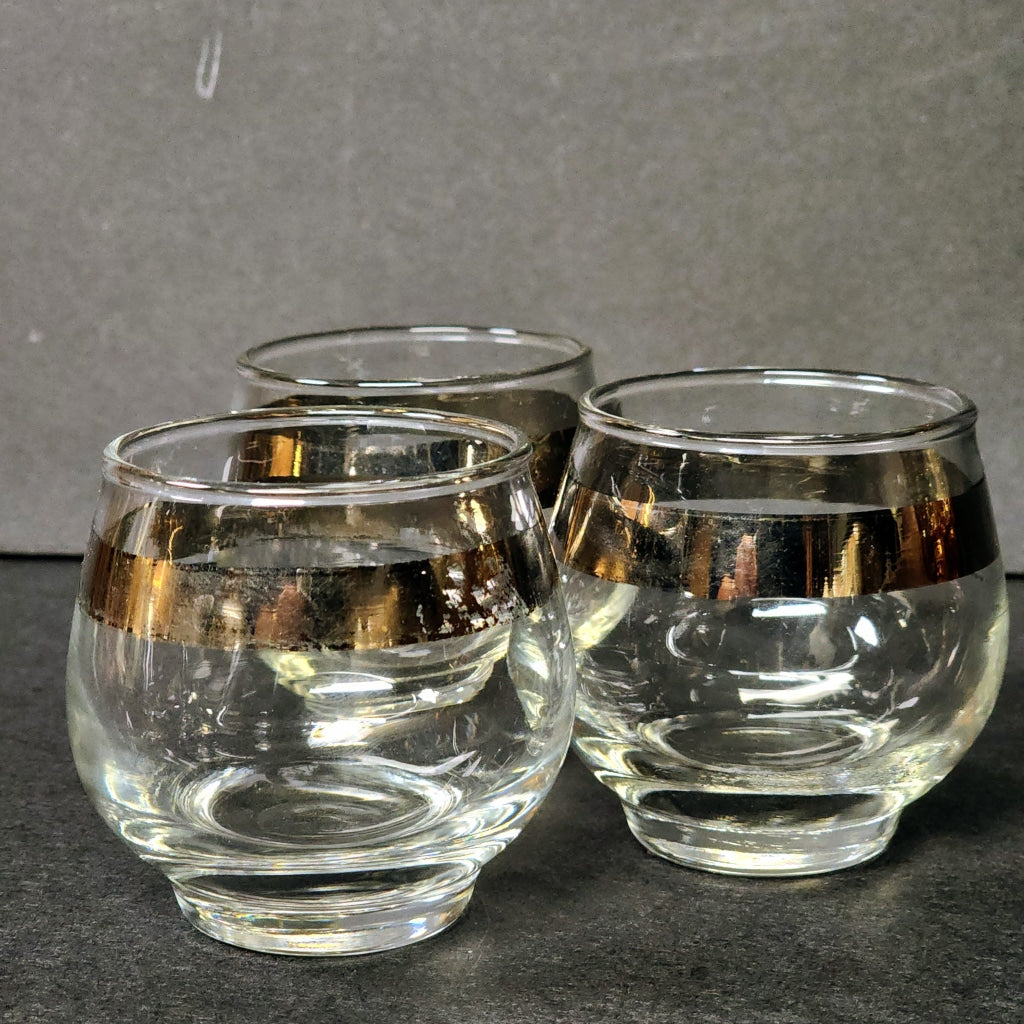 3 Pc Vintage Mcm Silver Banded Roly Poly Glassware