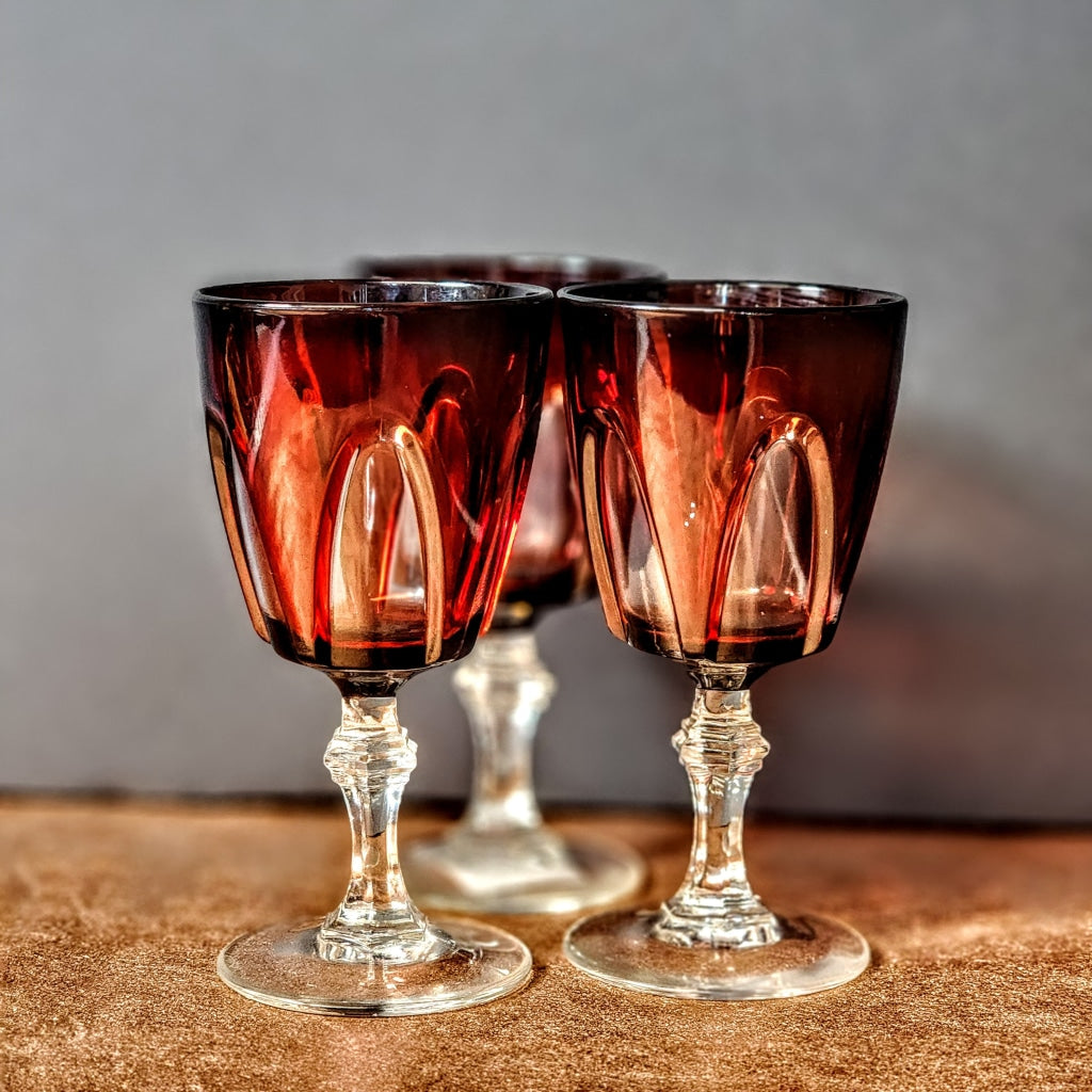 3Pc - Short Stem Ruby Red And Clear Cordial Drinking Glasses Vintage Barware