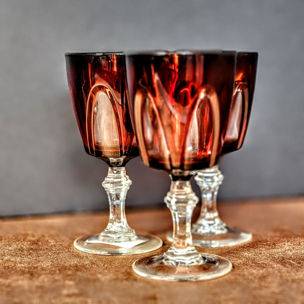 3Pc - Short Stem Ruby Red And Clear Cordial Drinking Glasses Vintage Barware